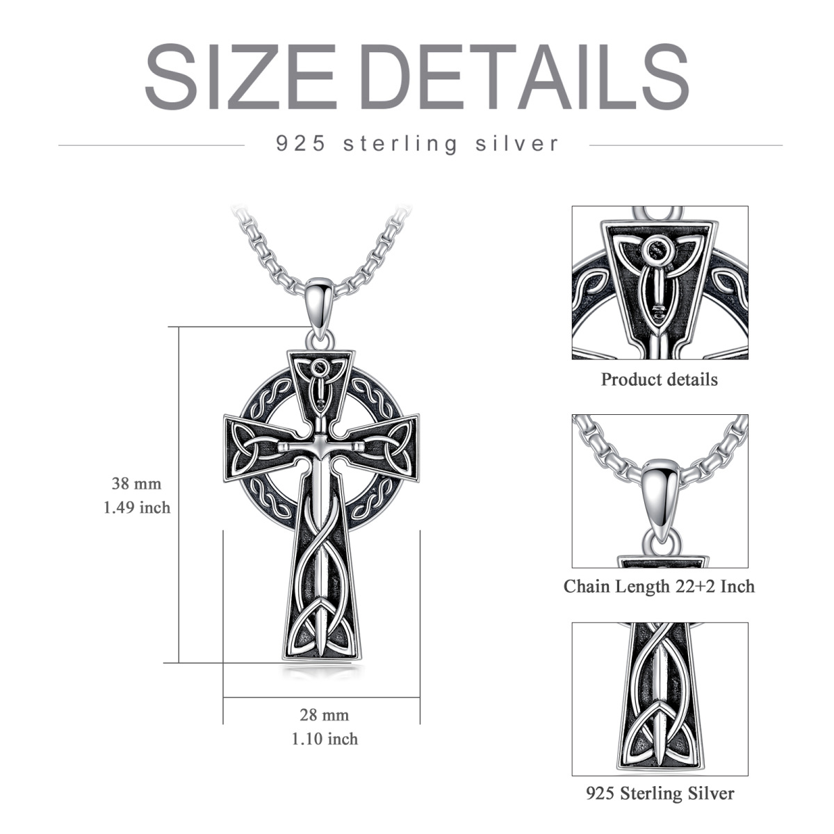 Sterling Silver Celtic Knot & Cross & Sword Pendant Necklace for Men-5
