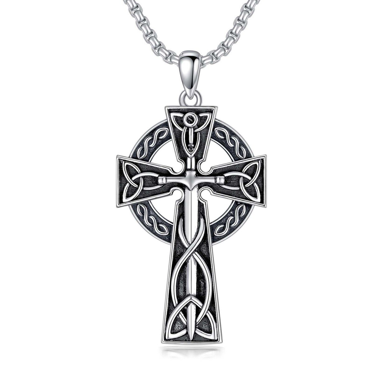 Sterling Silber Keltischer Knoten & Kreuz & Schwert Anhänger Halskette für Männer-1