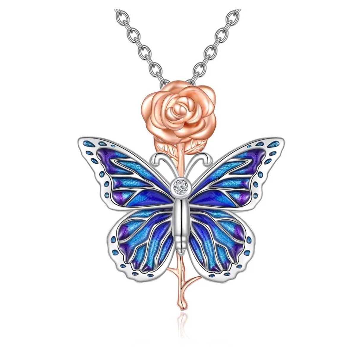 Sterling Silver Butterfly & Rose Pendant Necklace-1