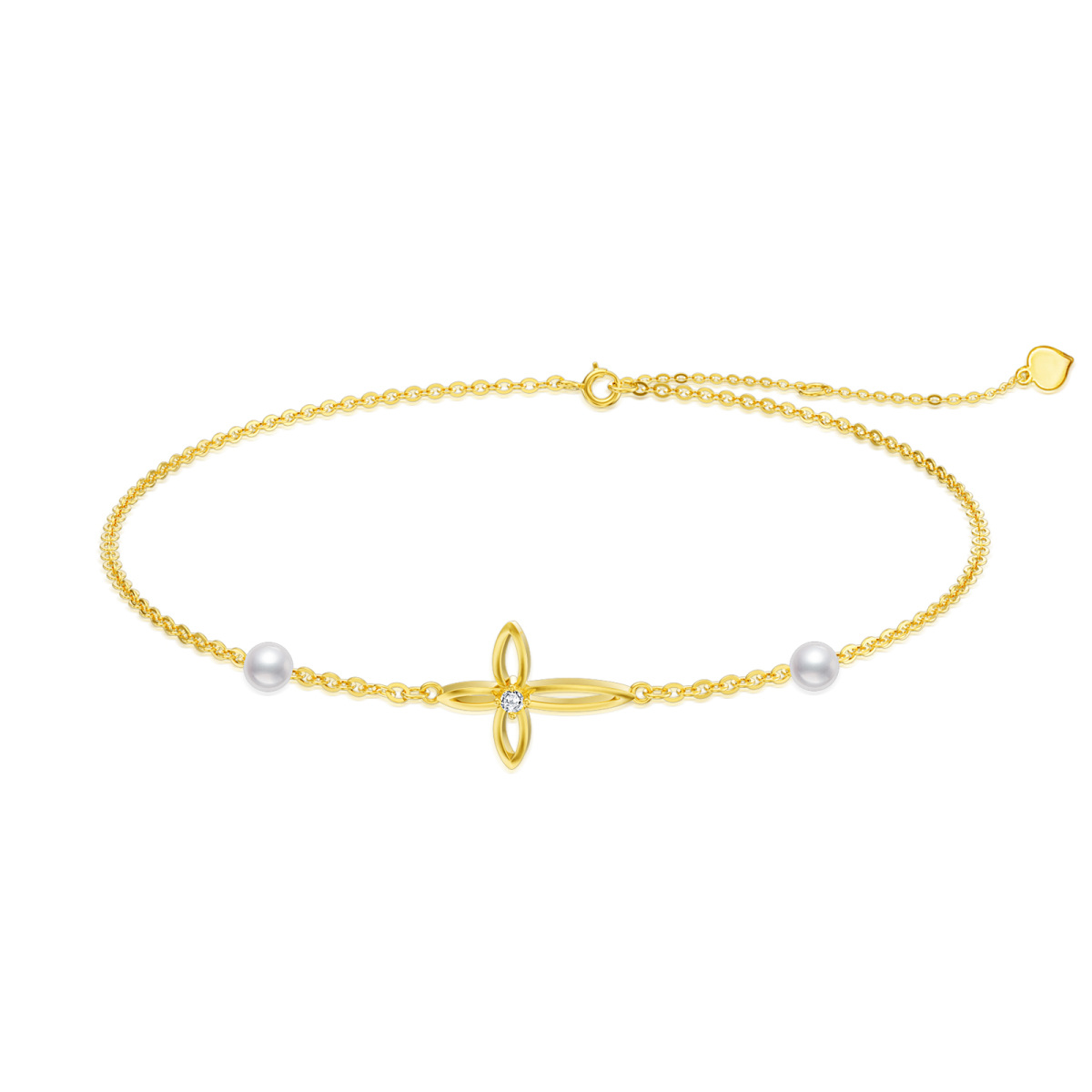 Bracelet en or 14K avec pendentif croix en zircon cubique et perle-1