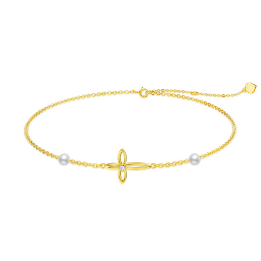 14K Gold Cubic Zirconia & Pearl Cross Pendant Bracelet