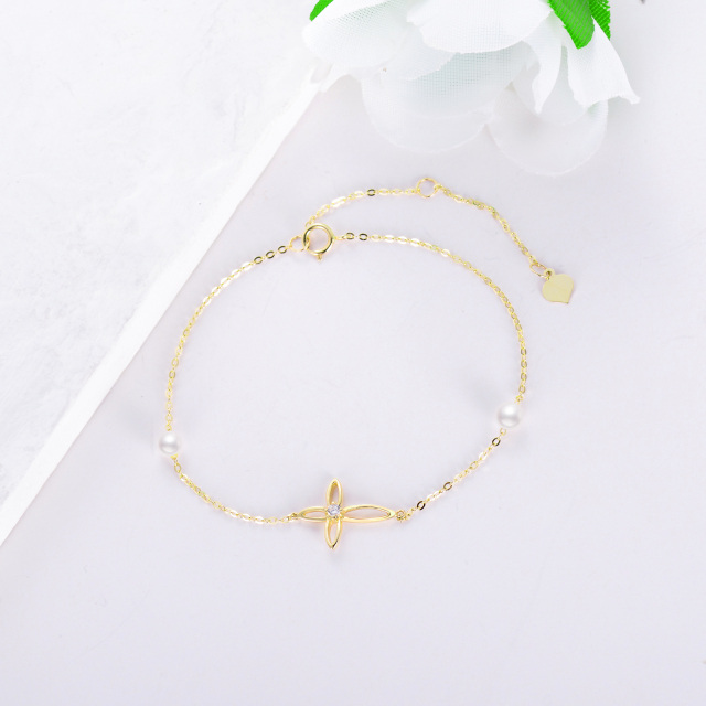 Bracelet en or 14K avec pendentif croix en zircon cubique et perle-3