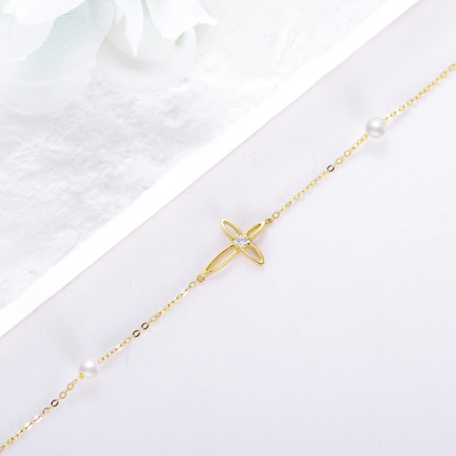 Bracelet en or 14K avec pendentif croix en zircon cubique et perle-2