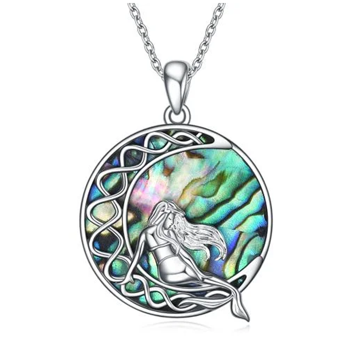Collier avec pendentif en forme de lune et de sirène en argent sterling avec nœud celtique-1