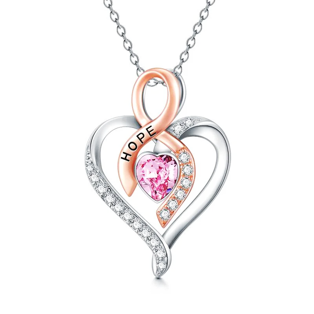 Sterling Silver Two-tone Heart Shaped Crystal Heart & Ribbon Pendant Necklace-1