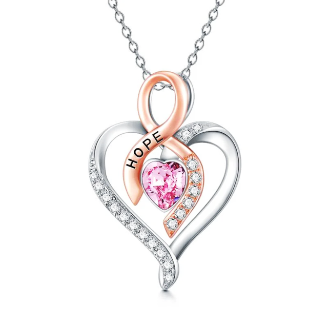 Sterling Silver Two-tone Heart Shaped Crystal Heart & Ribbon Pendant Necklace-0