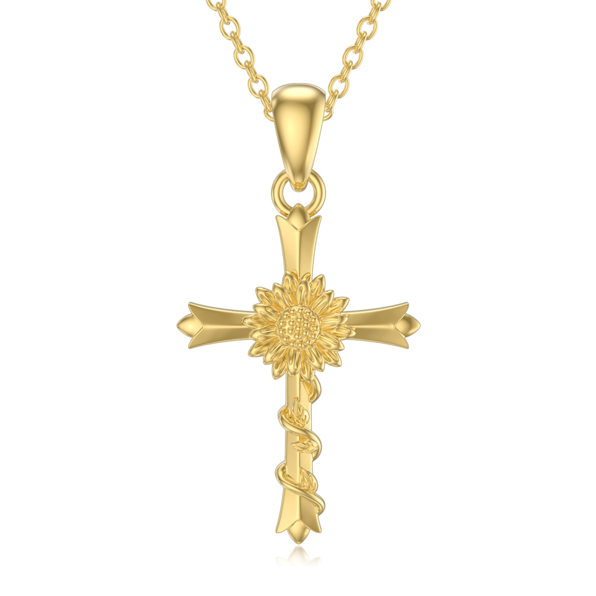 14K Gold Sunflower & Cross Pendant Necklace-1