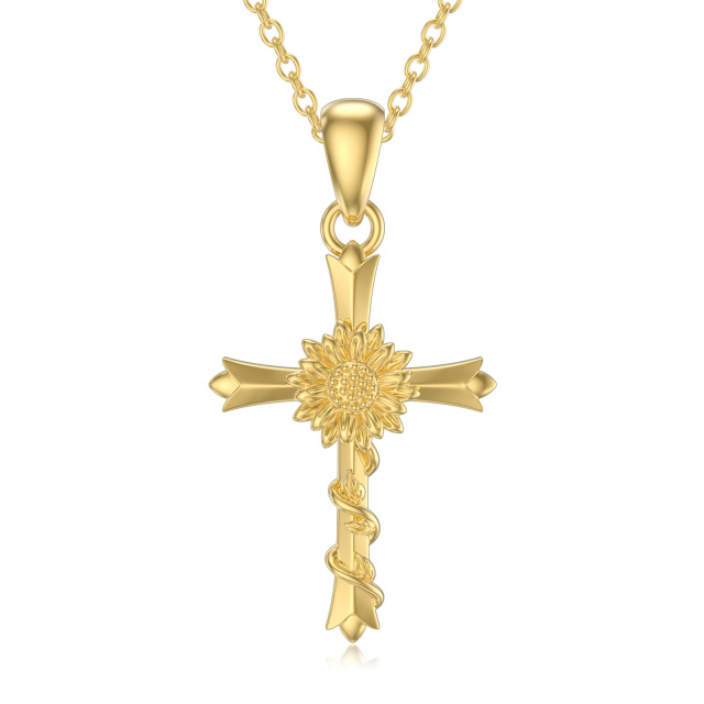 14K Gold Sunflower & Cross Pendant Necklace-0