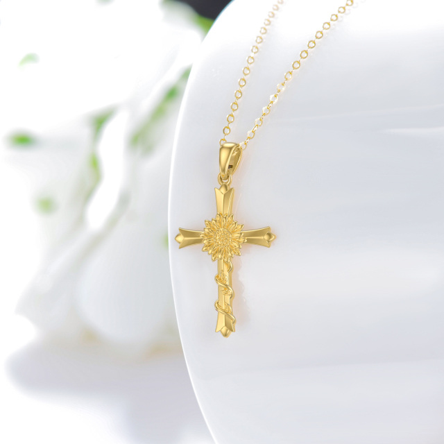 14K Gold Sunflower & Cross Pendant Necklace-2
