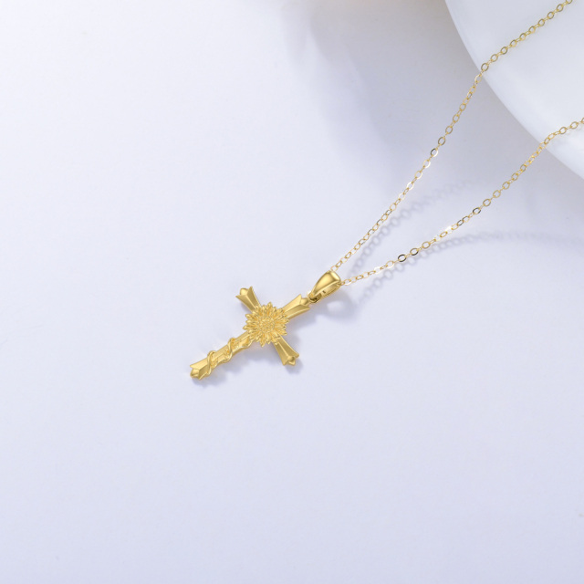 14K Gold Sunflower & Cross Pendant Necklace-3
