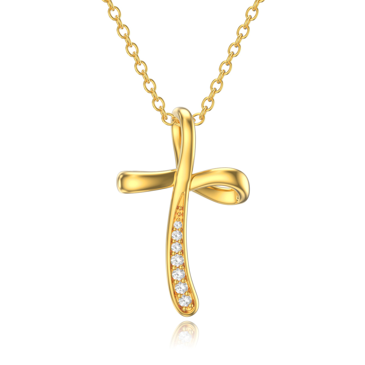 14K Gold Runde Cubic Zirkonia Kreuz Anhänger Halskette-1