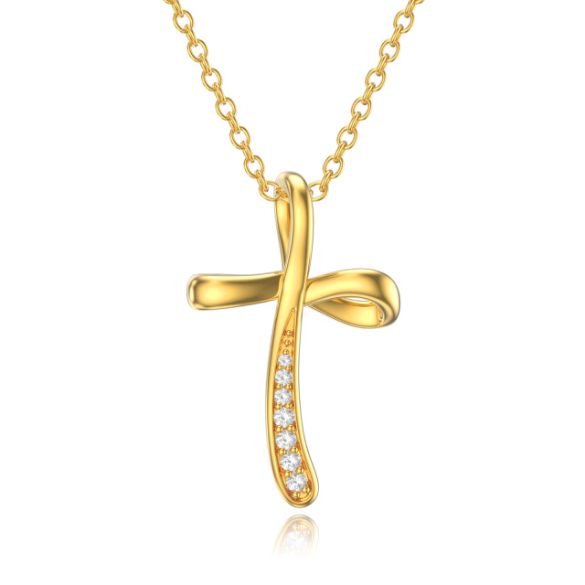 Collier croix en or 14K à zirconium cubique rond -0