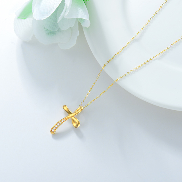 14K Gold Runde Cubic Zirkonia Kreuz Anhänger Halskette-3