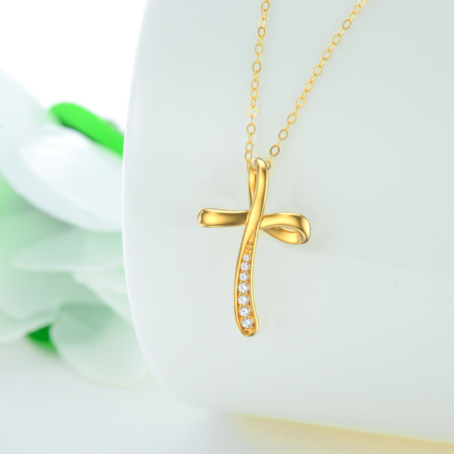 14K Gold Round Cubic Zirconia Cross Pendant Necklace-2