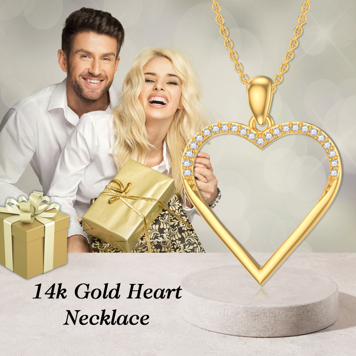 14K Gold Halskette mit kreisförmigem Herzanhänger und Zirkonia-6