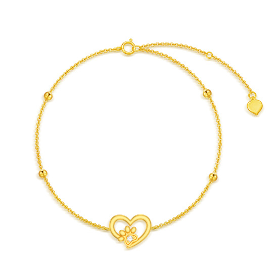 14K Gold Paw With Circular Cubic Zirconia Heart Pendant Bracelet