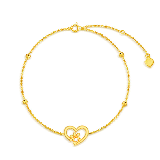 14K Gold Paw With Circular Cubic Zirconia Heart Pendant Bracelet-1