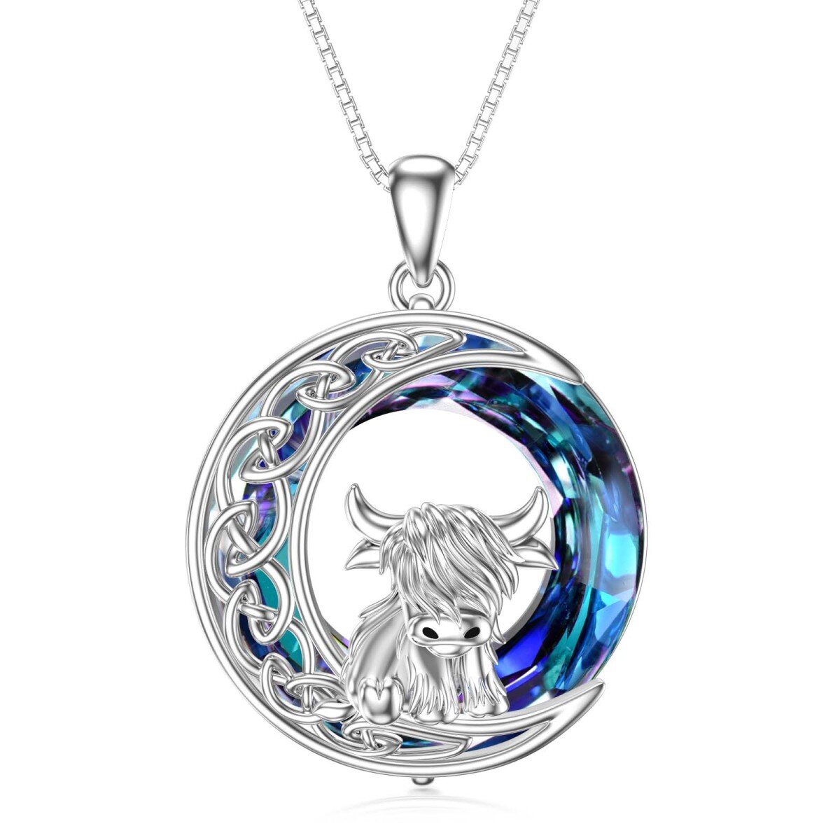 Sterling Silver Circular Shaped Highland Cow & Celtic Knot & Moon Crystal Pendant Necklace-1