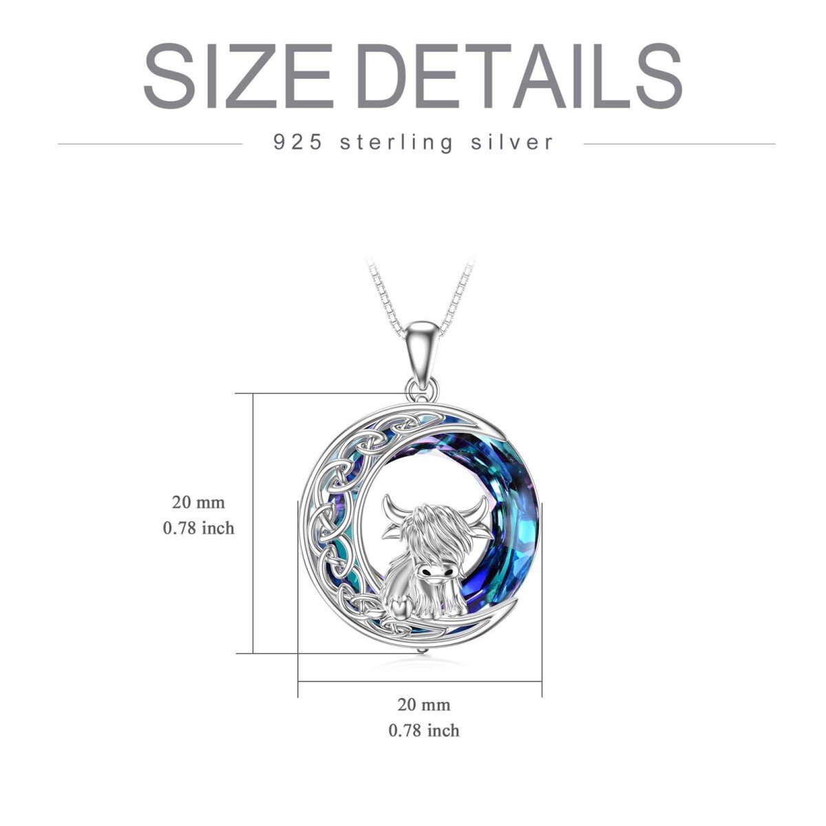 Sterling Silver Circular Shaped Highland Cow & Celtic Knot & Moon Crystal Pendant Necklace-5