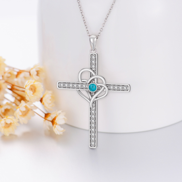 Sterling Silver Circular Shaped Turquoise Cross & Heart Pendant Necklace-2