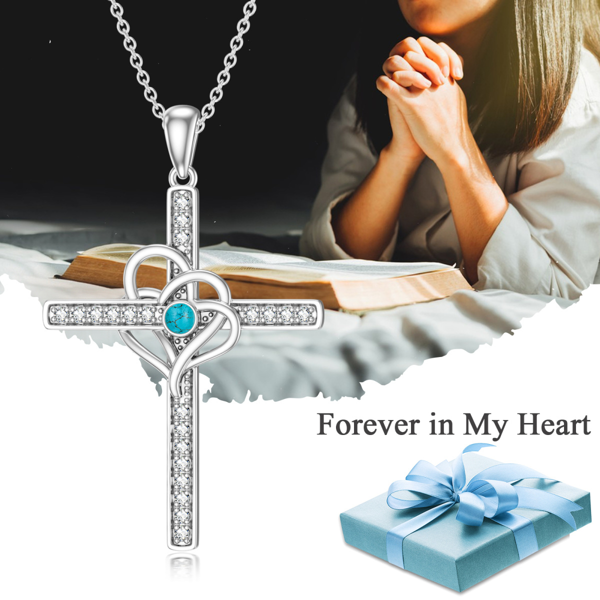 Sterling Silver Circular Shaped Turquoise Cross & Heart Pendant Necklace-6