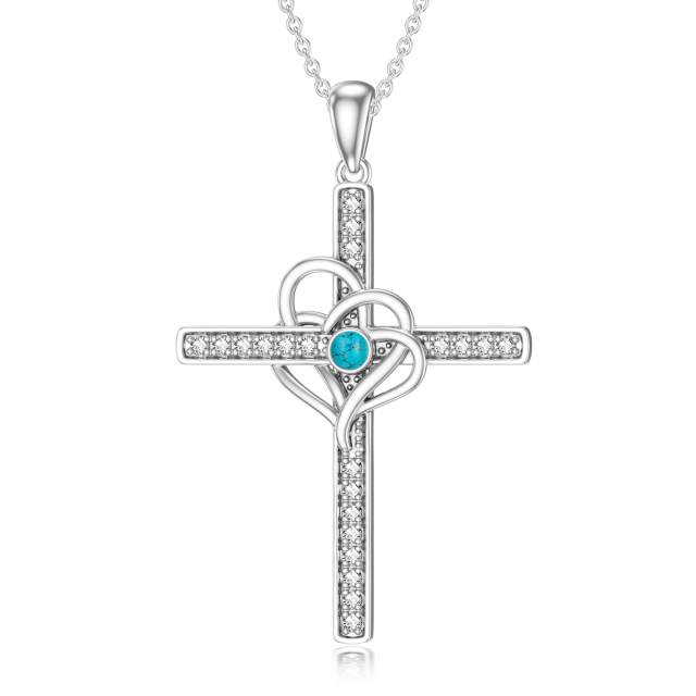 Sterling Silver Circular Shaped Turquoise Cross & Heart Pendant Necklace-0