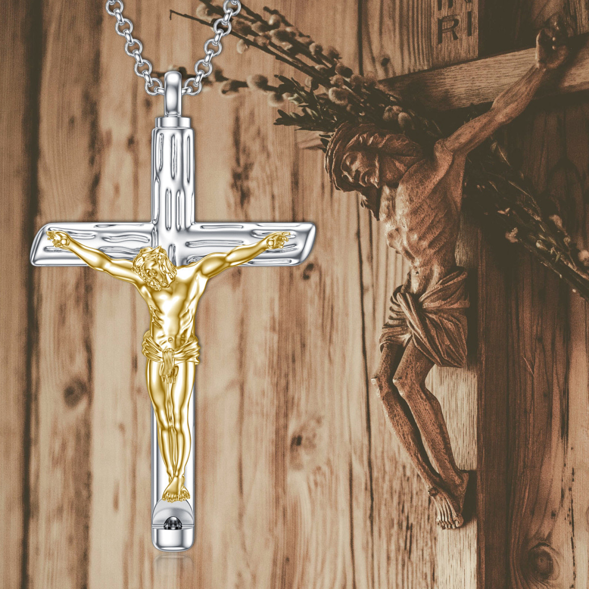 Sterling Silver Two-tone Textured Cross Jesus Urn Necklace for Ashes-3