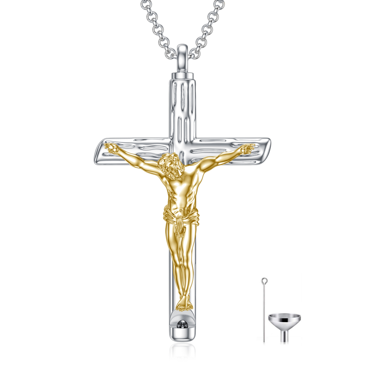 Collier pour cendres en argent sterling avec croix texturée bicolore Jesus Urn-1