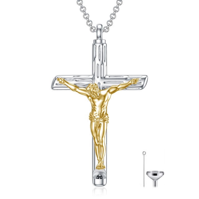 Sterling Silver Two-tone Textured Cross Jesus Urn Necklace for Ashes-0