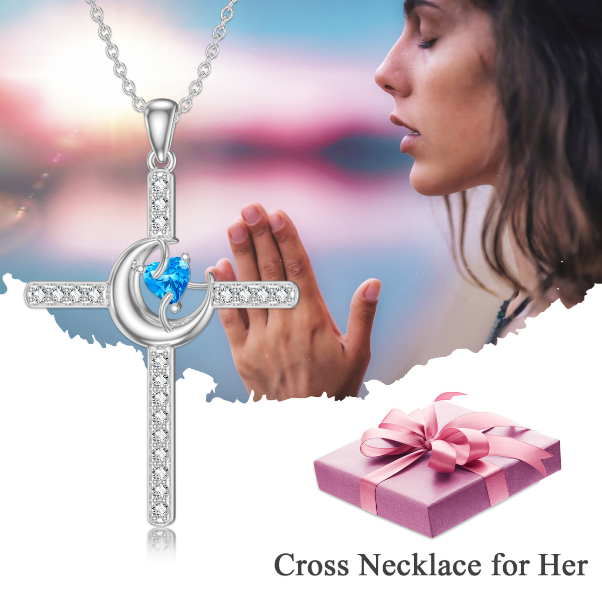 Sterling Silver Heart Cubic Zirconia Cross & Moon Pendant Necklace-5