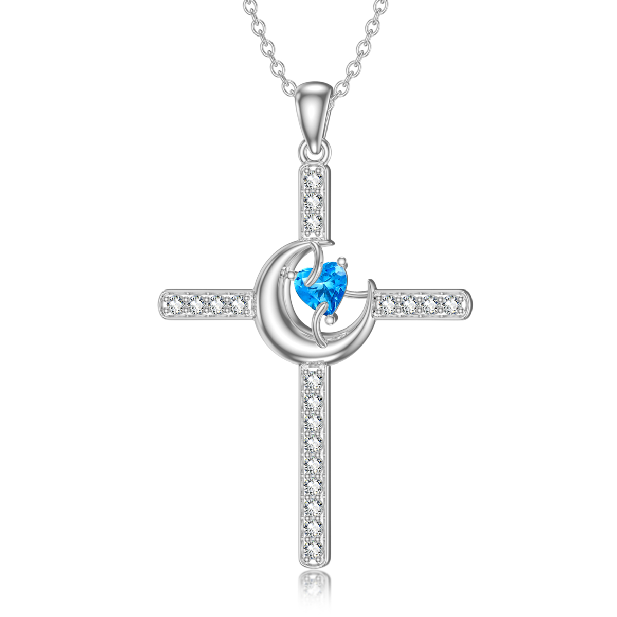 Sterling Silber Herz Cubic Zirkonia Kreuz & Mond Anhänger Halskette-1