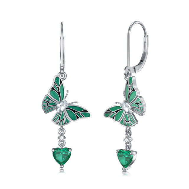 Boucles d'oreilles à levier en argent sterling avec cœur émeraude et papillon-1