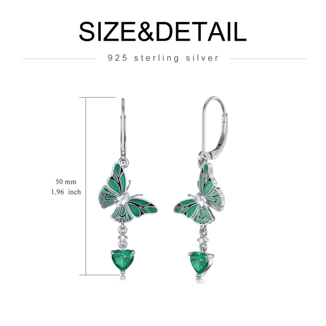 Orecchini a leva in argento sterling con cuore smeraldo e farfalla-5