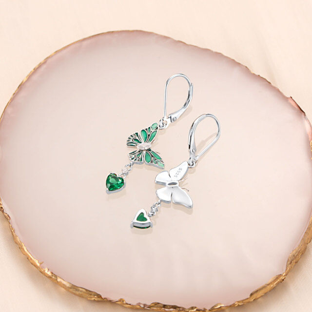 Orecchini a leva in argento sterling con cuore smeraldo e farfalla-4