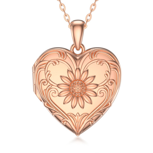 Collana con medaglione fotografico personalizzato in oro rosa 10K con girasole e cuore