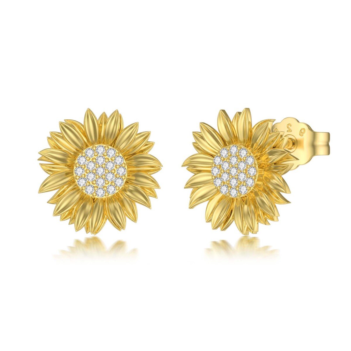 Sterling Silver with Yellow Gold Plated Round Diamond Sunflower Stud Earrings-1