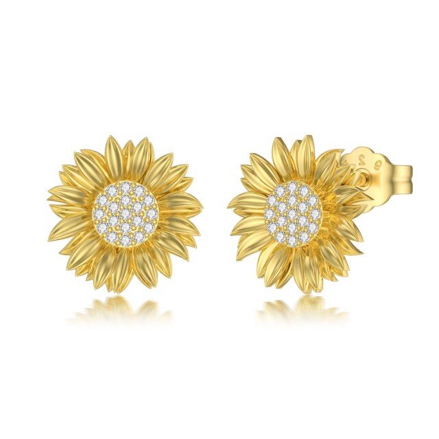 Sterling Silver with Yellow Gold Plated Circular Shaped Diamond Sunflower Stud Earrings-1