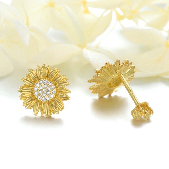 Sterling Silver with Yellow Gold Plated Circular Shaped Diamond Sunflower Stud Earrings-4