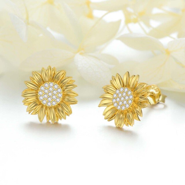 Sterling Silver with Yellow Gold Plated Circular Shaped Diamond Sunflower Stud Earrings-3
