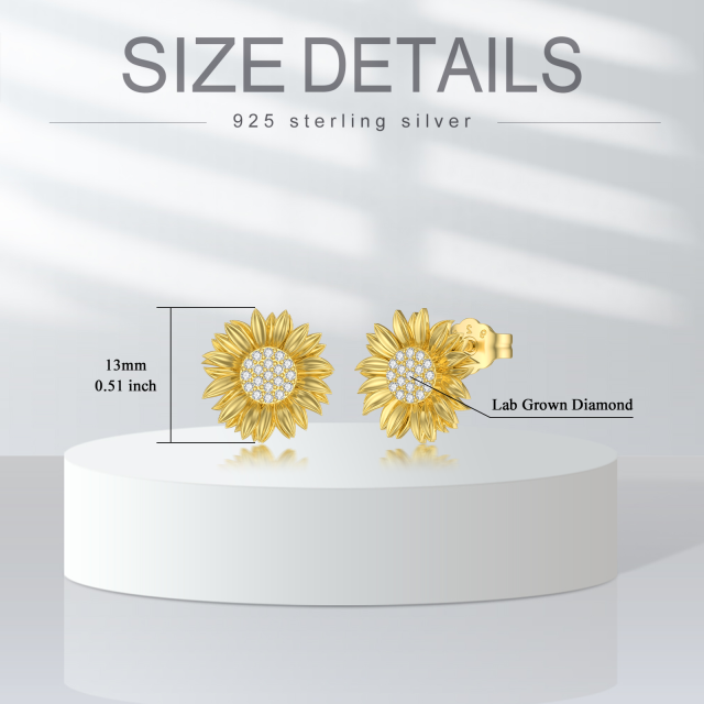 Sterling Silver with Yellow Gold Plated Circular Shaped Diamond Sunflower Stud Earrings-5