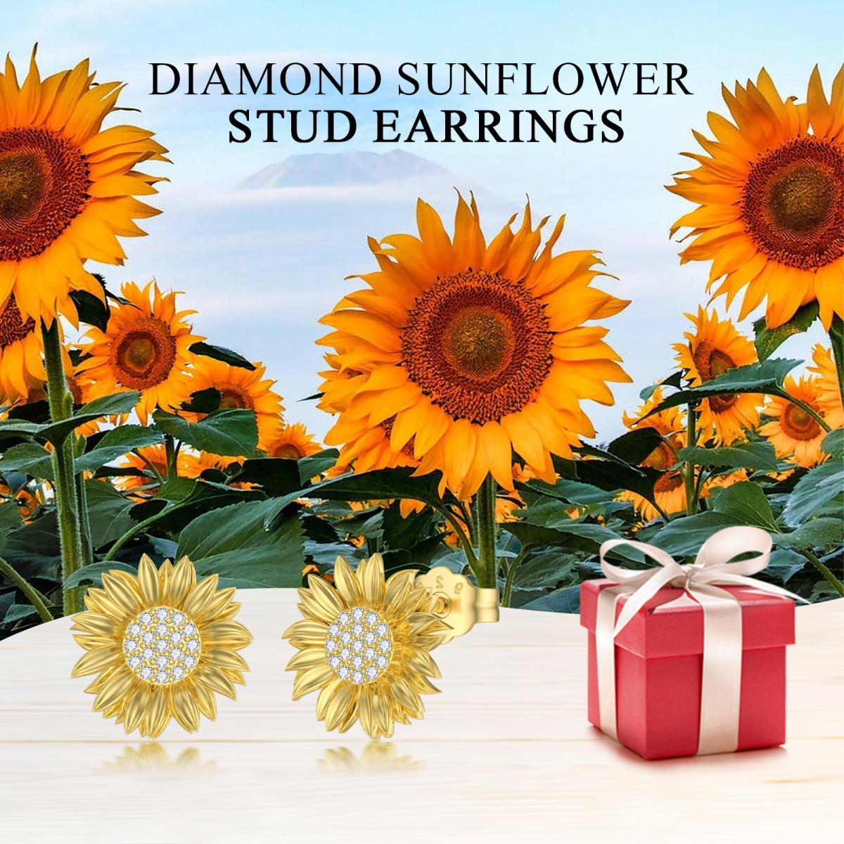 Sterling Silver with Yellow Gold Plated Round Diamond Sunflower Stud Earrings-6