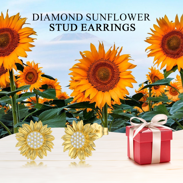 Sterling Silver with Yellow Gold Plated Circular Shaped Diamond Sunflower Stud Earrings-6