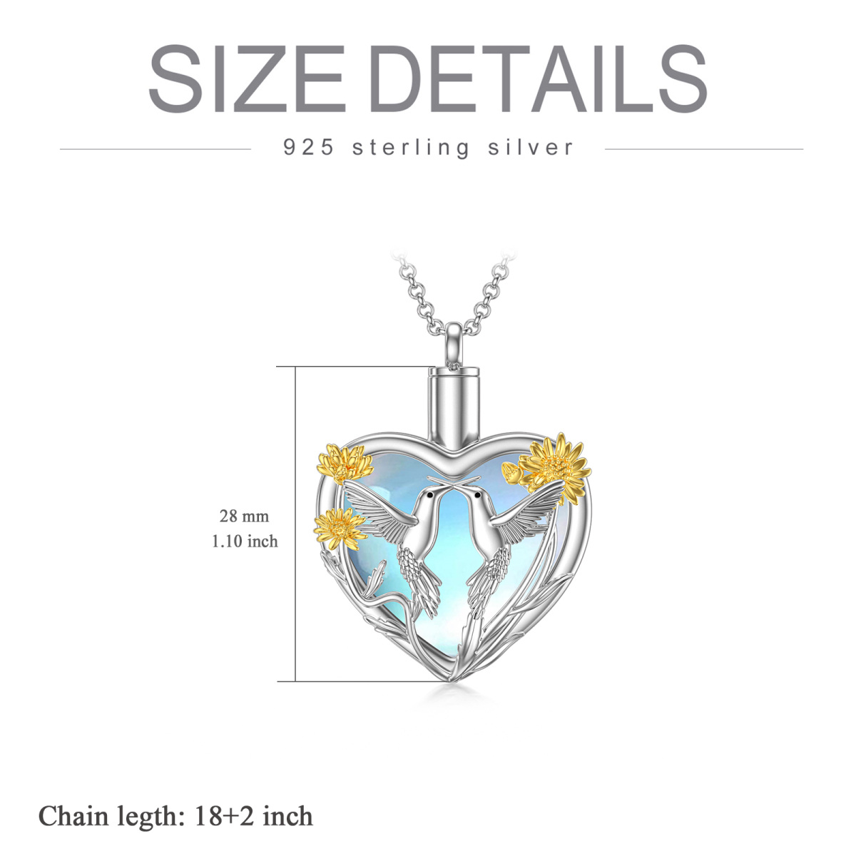 Sterling Silver Two-tone Heart Shaped Moonstone Hummingbird & Sunflower & Heart Urn Necklace for Ashes-6