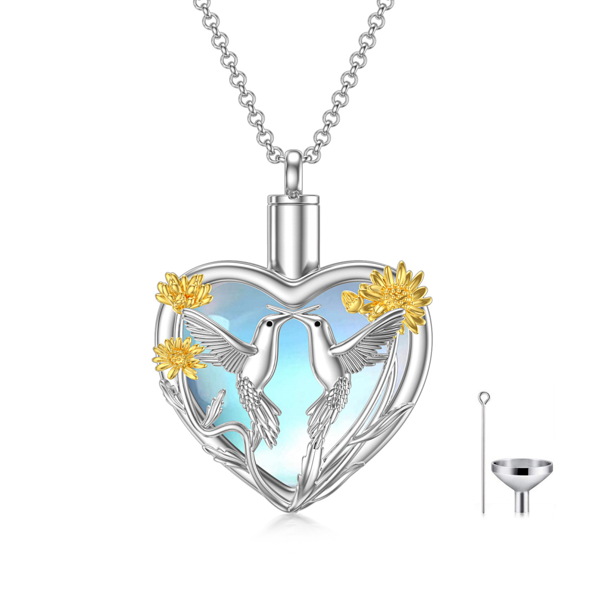 Sterling Silver Two-tone Heart Shaped Moonstone Hummingbird & Sunflower & Heart Urn Necklace for Ashes-1