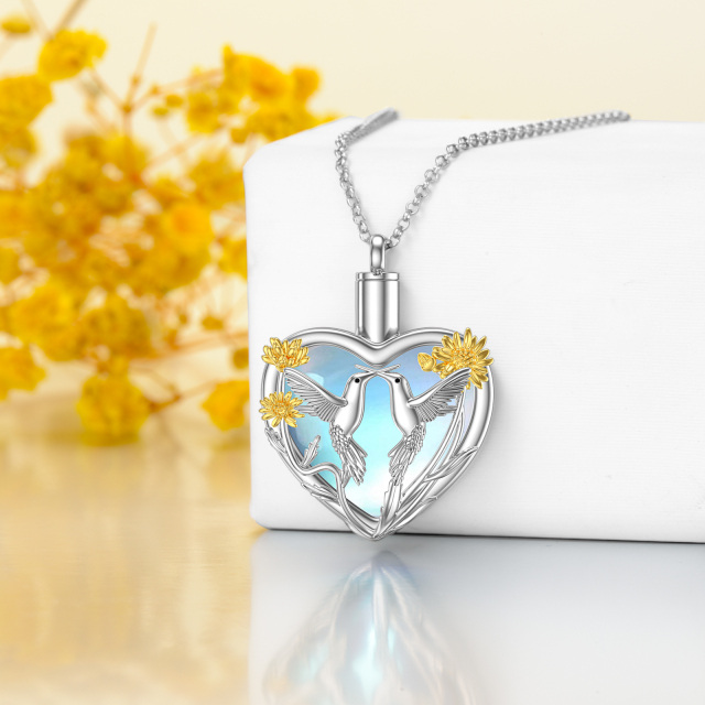 Sterling Silver Two-tone Heart Shaped Moonstone Hummingbird & Sunflower & Heart Urn Necklace for Ashes-3