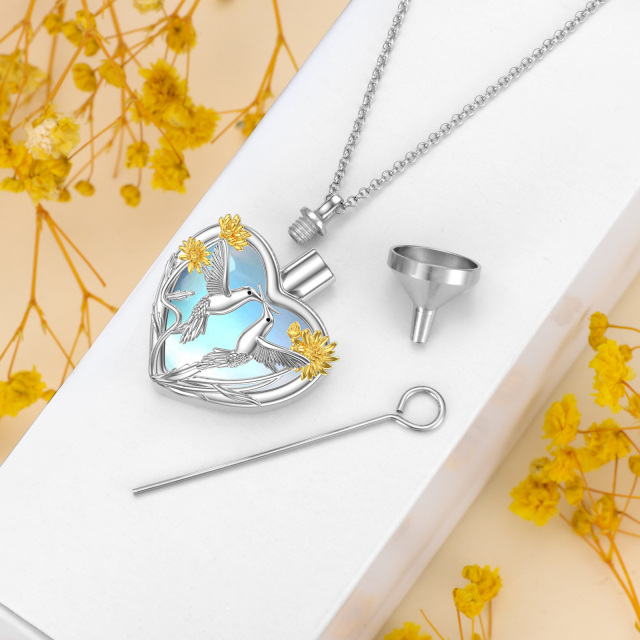 Sterling Silver Two-tone Heart Shaped Moonstone Hummingbird & Sunflower & Heart Urn Necklace for Ashes-5
