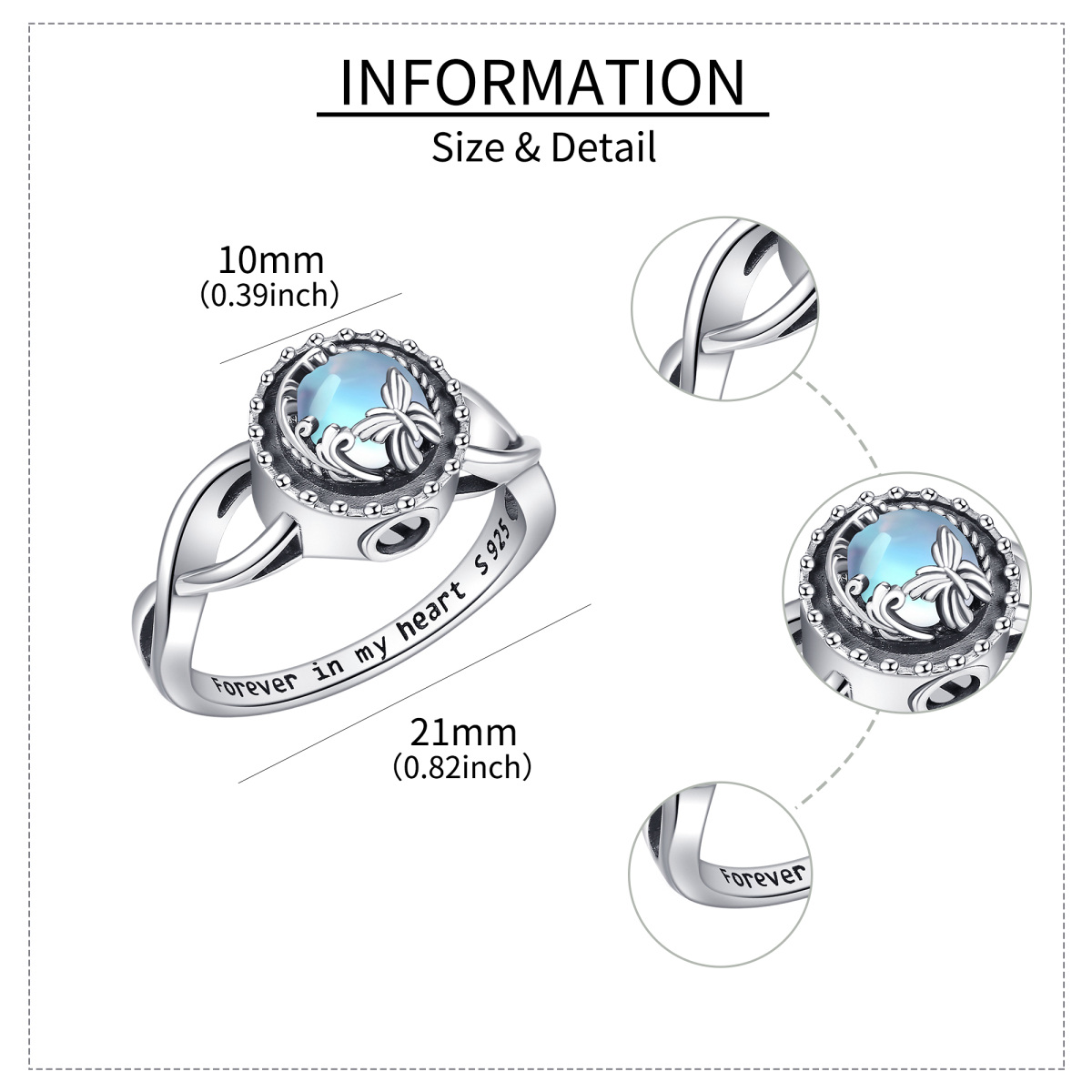 Sterling Silver Circular Shaped Moonstone Butterfly Urn Ring with Engraved Word-5