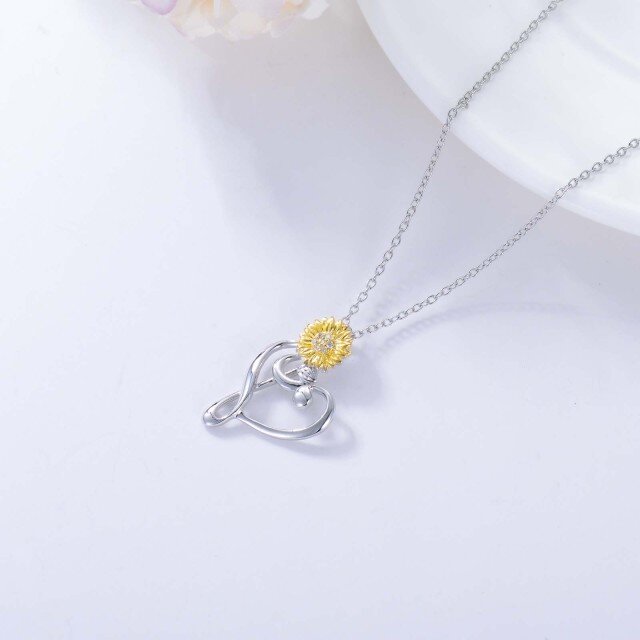 Sterling Silver Two-tone Round Lab Created Diamond Sunflower & Heart & Music Symbol Pendant Necklace-3