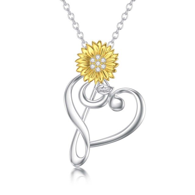 Sterling Silver Two-tone Round Lab Created Diamond Sunflower & Heart & Music Symbol Pendant Necklace-0