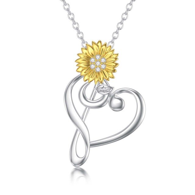 Sterling Silver Two-tone Round Lab Created Diamond Sunflower & Heart & Music Symbol Pendant Necklace-2